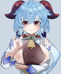Rule 34 | 1girl, 2323ns23, bare shoulders, bell, between breasts, blue background, blue hair, blush, breasts, breasts out, clothes between breasts, clothes pull, detached sleeves, embarrassed, ganyu (genshin impact), genshin impact, highres, horns, large breasts, long hair, looking away, looking to the side, neck bell, nipples, no gloves, pulling own clothes, purple eyes, sketch, solo, upper body, very long hair, white sleeves
