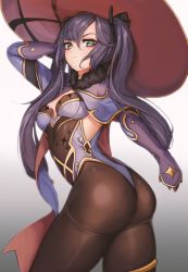 Rule 34 | 1girl, absurdres, ass, breasts, brown pantyhose, cape, fur trim, genshin impact, green eyes, hat, highres, hokaru, huge ass, huge filesize, leotard, looking at viewer, mona (genshin impact), pantyhose, purple hair, solo, thong leotard, twintails, witch hat
