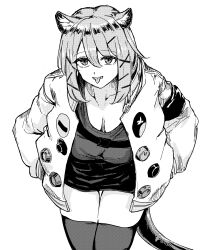 Rule 34 | 1girl, absurdres, animal ear fluff, arknights, black thighhighs, breasts, cleavage, collarbone, cowboy shot, greyscale, highres, jacket, long sleeves, looking at viewer, miniskirt, monochrome, open clothes, open jacket, puffy long sleeves, puffy sleeves, purokion katou, short hair, simple background, skirt, smile, solo, tail, thighhighs, tongue, tongue out, utage (arknights), white background