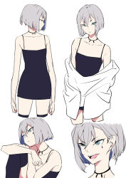Rule 34 | 1girl, arms at sides, bare shoulders, black dress, black thighhighs, choker, collarbone, dress, green eyes, grey hair, looking at viewer, looking to the side, mee (sohin), multiple views, open mouth, original, pointy ears, short hair, simple background, sleeveless, sleeveless dress, slit pupils, sohin, spaghetti strap, teardrop facial mark, teeth, thighhighs, v-shaped eyebrows, white background