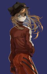 Rule 34 | 1girl, absurdres, artist request, ass, blue eyes, bodysuit, breasts, brown hair, evangelion: 3.0 you can (not) redo, floating hair, hand in pocket, hat, highres, jacket, long hair, looking at viewer, looking back, neon genesis evangelion, plugsuit, rebuild of evangelion, red bodysuit, shiny clothes, simple background, small breasts, solo, souryuu asuka langley, standing, track jacket