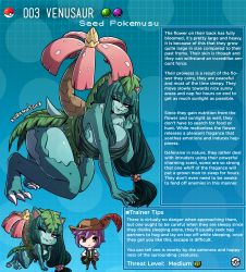 Rule 34 | 1boy, 1girl, animal ears, artist name, breasts, brown eyes, character profile, colored skin, creatures (company), english text, fang, feathers, game freak, gen 1 pokemon, green hair, green skin, hair ornament, hat, hat feather, highres, kinkymation, large breasts, leaf clothing, long hair, low ponytail, monster girl, monsterification, nintendo, one eye closed, personification, poke ball, pokemon, purple hair, red eyes, tail, venusaur, very long hair