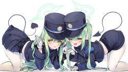 Rule 34 | 2girls, all fours, arched back, armband, belt, black hat, black shorts, black skirt, blue archive, blue armband, commentary request, demon tail, dot nose, fang, feet out of frame, gloves, green hair, green halo, hair between eyes, halo, hat, hikari (blue archive), nozomi (blue archive), highres, long hair, long sleeves, looking at viewer, mayusaki yuu, miniskirt, multiple girls, open mouth, pantyhose, parted lips, peaked cap, pleated skirt, pointy ears, revision, shadow, shorts, skin fang, skirt, smile, tail, twintails, white background, white gloves, white pantyhose, yellow eyes