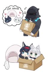 Rule 34 | ..., 1other, 2girls, :3, arknights, black hair, black jacket, blaze (arknights), blue eyes, blush, blush stickers, box, cardboard box, closed mouth, commentary, doctor (arknights), english commentary, english text, fang, fang out, gloves, green eyes, grey hair, hairband, heart, highres, holding, holding box, hood, hood up, hooded jacket, in box, in container, jacket, long sleeves, multiple girls, open clothes, open jacket, red hairband, rosmontis (arknights), shirt, short eyebrows, simple background, someyaya, spoken ellipsis, thick eyebrows, white background, white gloves, white shirt