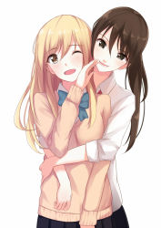 Rule 34 | 2girls, :d, ;d, black eyes, black skirt, blonde hair, blush, bow, bowtie, brown eyes, brown hair, collared shirt, female focus, hair between eyes, happy, head tilt, highres, hug, hug from behind, itachi kanade, laughing, long hair, long sleeves, looking at another, multiple girls, naughty face, neck, one eye closed, open mouth, pleated skirt, ponytail, school uniform, shirt, shy, simple background, skirt, smile, sweater, teacher and student, white background, wince, yuri