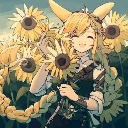 Rule 34 | 1girl, :d, animal ears, arknights, black shorts, black vest, blonde hair, braid, braided ponytail, closed eyes, collared shirt, commentary, facing viewer, flower, holding, holding flower, kroos (arknights), kroos the keen glint (arknights), long hair, long sleeves, luobuyuyan, open mouth, outdoors, rabbit ears, shirt, shorts, sky, smile, solo, sunflower, upper body, very long hair, vest, white shirt, yellow flower