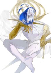 Rule 34 | 1other, angry, annoyed, ascot, blue hair, bodysuit, boots, cracked skin, crossed legs, foot out of frame, golden arms, hand up, head on hand, head rest, highres, holding, holding sword, holding weapon, hole in head, houseki no kuni, invisible chair, knee up, looking at viewer, melting, moon uniform (houseki no kuni), one-eyed, other focus, phosphophyllite, phosphophyllite (ll), see-through, see-through sleeves, short hair, short sleeves, simple background, sitting, solo, spikes, spoilers, sword, weapon, white ascot, white background, white bodysuit, white eyes, wide sleeves, xiaoxiaoguguzi
