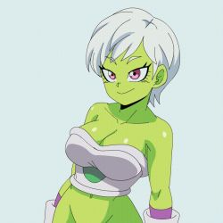 Rule 34 | 10s, 1girl, animated, animated gif, areola slip, armor, bare shoulders, blue background, bouncing breasts, breasts, cheelai, cleavage, closed eyes, colored nipples, colored skin, dragon ball, dragon ball super, dragon ball super broly, female focus, flashing, gloves, green nipples, green skin, grin, groin, hip focus, impossible clothes, jiggle, large breasts, lewdamone, looking at viewer, navel, no bra, out-of-frame censoring, parted lips, pulling, purple eyes, resized, shiny skin, shirt tug, short hair, simple background, smile, solo, standing, teeth, third-party edit, upscaled, white gloves, white hair