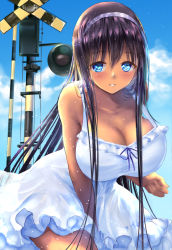 Rule 34 | 1girl, bad id, bad pixiv id, bare shoulders, black hair, blue eyes, blush, breasts, cleavage, cloud, cloudy sky, dark skin, dark-skinned female, day, dress, dress tug, hairband, large breasts, leaning forward, long hair, looking at viewer, md5 mismatch, original, parted lips, ponytail korosuke, railroad crossing, revision, signpost, sky, smile, solo, white dress