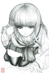 Rule 34 | 1girl, absurdres, arm support, artist logo, artist name, bed sheet, blouse, blunt bangs, closed mouth, commentary request, girls und panzer, graphite (medium), greyscale, hand in own hair, highres, kneeling, leaning forward, light smile, long hair, long sleeves, looking at viewer, miniskirt, monochrome, neckerchief, on bed, ooarai school uniform, pleated skirt, school uniform, sekirei tessar, serafuku, shirt, skirt, solo, takebe saori, thighhighs, traditional media