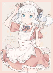 Rule 34 | 1girl, :o, animal ears, apron, arm up, back bow, blue eyes, border, bow, brown background, cat ears, cat girl, collared dress, commentary request, cowboy shot, dress, fingernails, frilled apron, frills, hand up, highres, kinutani yutaka, long hair, looking at viewer, maid, maid apron, maid headdress, notice lines, orange border, original, outside border, pink dress, puffy short sleeves, puffy sleeves, sharp fingernails, short sleeves, sidelocks, solo, standing, thighhighs, translation request, two side up, white apron, white hair, white thighhighs