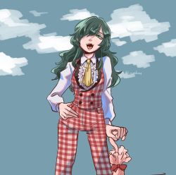 Rule 34 | 1girl, absurdres, ascot, black collar, blue sky, breasts, buttons, center frills, closed umbrella, cloud, collar, collar chain (jewelry), collared vest, frilled shirt, frills, green eyes, green hair, hand on own hip, highres, kazami yuuka, kazami yuuka (pc-98), kinuekun, laughing, long hair, long sleeves, looking up, outdoors, pants, plaid, plaid pants, plaid vest, pocket, shirt, sky, smile, solo, touhou, umbrella, vest, white collar, yellow ascot