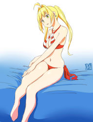 Rule 34 | 1girl, bad anatomy, barefoot, blonde hair, breasts, fate/grand order, fate (series), halterneck, mugi0913, nero claudius (fate), nero claudius (fate/extra), nero claudius (swimsuit caster) (fate)