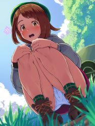 Rule 34 | !, 1girl, ankle boots, ass, blush, boots, boris (noborhys), bottomless, brown eyes, brown hair, cameltoe, commentary request, creatures (company), dutch angle, game freak, gloria (pokemon), grass, highres, kneeling, nature, nintendo, open mouth, outdoors, pokemon, pokemon swsh, pussy, pussy juice, short hair, skirt, solo focus, squatting