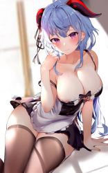 Rule 34 | 1girl, absurdres, ahoge, alternate costume, apron, areola slip, bare arms, bare shoulders, black dress, blue hair, breasts, brown thighhighs, cleavage, closed mouth, collarbone, dress, enmaided, ganyu (genshin impact), genshin impact, goat horns, hand up, highres, horns, lips, long hair, looking at viewer, maid, maid apron, medium breasts, mole, mole on breast, pink eyes, short dress, skindentation, sleeveless, sleeveless dress, solo, spaghetti strap, strap slip, thighhighs, thighs, usagi poi, zettai ryouiki