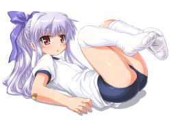 Rule 34 | 1girl, 3.1-tan, :o, ass, bad id, bad pixiv id, bandaid, blush, bow, buruma, crotch, dd (ijigendd), flat chest, gym uniform, hair bow, hair ornament, kneehighs, legs, legs up, long hair, looking at viewer, lying, no shoes, on back, open mouth, os-tan, pink eyes, ponytail, red eyes, shirt, silver hair, simple background, skindentation, socks, solo, t-shirt, thighhighs, thighs, white background, white socks, white thighhighs