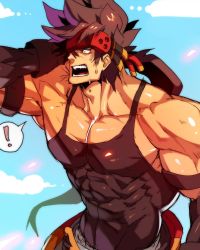 Rule 34 | !, 1boy, bara, bare shoulders, black tank top, brown hair, covered abs, guilty gear, headgear, highres, large pectorals, long hair, male focus, muscular, na insoo, pectorals, ponytail, shiny skin, simple background, sol badguy, solo, spiked hair, spoken exclamation mark, sweatdrop, tank top, tight clothes, yellow eyes