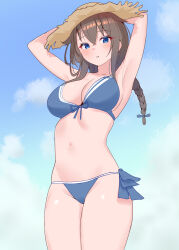 Rule 34 | 1girl, absurdres, arms behind back, blue bra, blue eyes, blush, bra, braid, breasts, brown hair, brown hat, cleavage, from below, hat, highres, kantai collection, large breasts, looking at viewer, navel, official alternate costume, open mouth, sakurai nana (moshichi), shigure (kancolle), shigure kai san (kancolle), sidelocks, single braid, solo, straw hat, sun hat, underwear