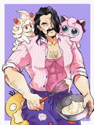 Rule 34 | 1boy, alcremie, alcremie (strawberry sweet), alcremie (vanilla cream), apron, arm hair, bara, batter, black eyes, black hair, blue eyes, border, bow, bowl, buttons, chest hair, closed mouth, collarbone, collared shirt, cowboy shot, creatures (company), facial hair, food-themed hair ornament, forehead, forked eyebrows, game freak, gen 1 pokemon, gen 8 pokemon, hair bow, hair ornament, hair over one eye, hand to own mouth, hand up, happy, hiding, hiding behind another, highres, holding, holding bowl, holding whisk, jigglypuff, long hair, long mustache, male focus, mixing bowl, muscular, muscular male, mustache, nintendo, on shoulder, one eye covered, open clothes, open shirt, outside border, patch, pectoral cleavage, pectorals, peeking out, pink shirt, pinstripe pattern, pinstripe shirt, pokemon, pokemon (creature), pokemon on shoulder, pokemon sv, polka dot, polka dot background, psyduck, purple apron, purple background, purple bow, red eyes, saguaro (pokemon), shirt, shirt tucked in, sidelocks, simple background, sleeves rolled up, smile, standing, strawberry hair ornament, striped, thick mustache, todoroki ago, undershirt, waist apron, whisk, white border, white hair