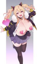 Rule 34 | 1girl, animal ears, bell, black thighhighs, blonde hair, borrowed character, breasts, cat ears, character request, cleavage, collarbone, copyright request, fangs, fingernails, grey background, hair between eyes, heart pasties, highres, huge breasts, jingle bell, lips, long fingernails, mameojitan, miniskirt, mole, mole under eye, nail polish, navel, neck bell, pasties, pleated skirt, red eyes, simple background, skirt, smile, solo, standing, standing on one leg, tagme, thighhighs, twintails, v, white background
