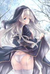 Rule 34 | 1girl, :o, ass, bare tree, black dress, blue eyes, blush, breasts, butt crack, commentary request, day, dress, garter straps, grey hair, habit, hair between eyes, highres, juliet sleeves, long hair, long sleeves, looking at viewer, looking back, medium breasts, nun, original, outdoors, panties, parted lips, puffy sleeves, ryo (botugo), side-tie panties, snow, snow on head, snowing, solo, thighhighs, tree, underwear, very long hair, white panties, white thighhighs