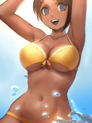 Rule 34 | 1girl, :d, armpits, arms up, asahina aoi, bare shoulders, bikini, blue eyes, breasts, brown hair, cleavage, collarbone, commentary, danganronpa: trigger happy havoc, danganronpa (series), danganronpa s: ultimate summer camp, dark-skinned female, dark skin, front-tie bikini top, front-tie top, gradient background, groin, hair ornament, large breasts, looking at viewer, navel, open mouth, ponytail, qosic, short hair, smile, solo, stomach, swimsuit, teeth, upper teeth only, yellow bikini