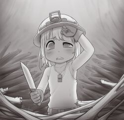 Rule 34 | 1girl, armpits, belt, child, dagger, female focus, frown, greyscale, hard hat, helmet, holding, holding dagger, holding knife, holding weapon, kionant, knife, made in abyss, medium hair, monochrome, open mouth, original, plant, shirt, signature, sleeveless, sleeveless shirt, solo, sweat, vines, weapon, wiping sweat