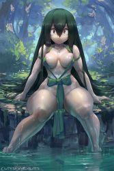Rule 34 | 10s, 1girl, asui tsuyu, bikini, boku no hero academia, breasts, breasts apart, cleavage, convenient censoring, cutesexyrobutts, forest, green bikini, green hair, highres, long hair, looking at viewer, medium breasts, nature, revealing clothes, sitting, smile, solo, swimsuit, thick thighs, thighs, very long hair, wide hips