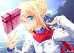 Rule 34 | 1girl, ahoge, alternate costume, aqua eyes, artoria pendragon (all), artoria pendragon (fate), bag, blonde hair, blush, casual, day, fate/stay night, fate (series), gift, hair ribbon, looking at viewer, outdoors, red scarf, ribbon, saber (fate), scarf, sky, solo, sweatdrop, tree, upper body, uraomote