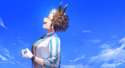 Rule 34 | 1girl, animal ears, blue sky, breasts, brown hair, character name, clenched hands, closed eyes, cloud, cloudy sky, collared shirt, commentary request, ear ornament, ear piercing, from side, gloves, horse ears, horse girl, irua, medium breasts, mejiro ryan (umamusume), multicolored hair, open mouth, outdoors, piercing, shirt, short hair, sky, smile, solo, streaked hair, striped clothes, striped shirt, teeth, umamusume, upper body, upper teeth only, white gloves, white hair