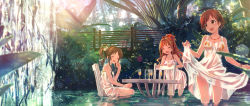 Rule 34 | 3girls, :3, :d, ^ ^, bangle, bare arms, bare shoulders, bikini, bikini under clothes, blush, botanical garden, bow, bracelet, brown eyes, brown hair, chair, closed eyes, collarbone, cup, day, dress, drink, drinking glass, fence, flower, garden, green ribbon, hair bow, hair flower, hair ornament, hair ribbon, halterneck, high ponytail, highres, hino akane (idolmaster), honda mio, idolmaster, idolmaster cinderella girls, jewelry, leaning forward, lens flare, light rays, looking to the side, multiple girls, necklace, open mouth, orange bikini, orange bow, outdoors, parted bangs, pendant, pink bikini, plant, positive passion, red hair, reflection, ribbon, see-through, short hair, sitting, skirt hold, sleeveless, sleeveless dress, smile, sparkle, splashing, spread legs, sunbeam, sundress, sunlight, swimsuit, table, tail, takamori aiko, tree, v-shaped eyebrows, vase, wading, water, waterfall, wet, wet clothes, wet dress, white dress, yuuki tatsuya