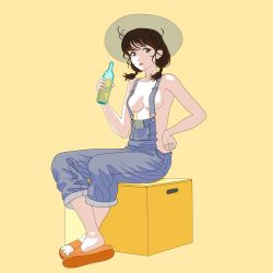 Rule 34 | 1girl, absurdres, black hair, blue overalls, bottle, breasts, breasts apart, brown eyes, bwhitsudi, crossed legs, full body, grey hat, hand on own hip, hat, highres, holding, holding bottle, medium breasts, naked overalls, orange footwear, original, overalls, sandals, shadow, sideboob, simple background, sitting, smile, solo, twintails, yellow background