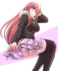 Rule 34 | 1girl, ass, black thighhighs, breasts, commentary request, gundam, gundam seed, gundam seed destiny, hair ornament, large breasts, long hair, looking at viewer, looking back, meer campbell, panties, pink hair, skirt, smile, solo, star (symbol), star hair ornament, thighhighs, tonpuu, underwear, white panties