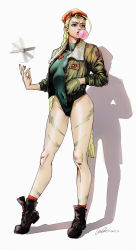 Rule 34 | 1girl, absurdres, afterimage, against wall, ahoge, antenna hair, beret, blonde hair, blue eyes, bodypaint, bomber jacket, boots, braid, breasts, blowing bubbles, cammy white, chewing gum, collarbone, combat boots, commentary request, covered collarbone, covered navel, full body, green leotard, gtolin chang, hand in pocket, hat, highleg, highleg leotard, highres, huge ahoge, jacket, knife, leotard, lips, long hair, long legs, medium breasts, nose, red socks, scar, shadow, socks, solo, standing, street fighter, thighs, throwing knife, twin braids, very long hair, weapon, white background