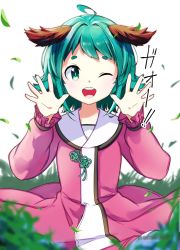 Rule 34 | 1girl, ahoge, animal ears, artist name, blurry, blush, commentary request, cowboy shot, depth of field, dog ears, dog girl, dress, ears down, grass, green eyes, green hair, hair intakes, hands up, highres, huge ahoge, kasodani kyouko, leaf, long sleeves, looking at viewer, namauni, one eye closed, outdoors, pink dress, short hair, simple background, smile, solo, thick eyebrows, touhou, translation request, white background