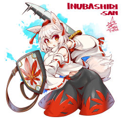 Rule 34 | 1girl, animal ears, black skirt, breasts, character name, detached sleeves, english text, hat, holding, holding shield, holding sword, holding weapon, inubashiri momiji, large breasts, leaf, leaf print, looking at viewer, maple leaf, medium hair, open mouth, red hat, red ribbon, ribbon, ribbon-trimmed sleeves, ribbon trim, shield, shirt, signature, skirt, solo, sword, tail, tokin hat, touhou, umigarasu (kitsune1963), weapon, white background, white hair, white shirt, white tail, wide sleeves, wolf ears, wolf tail, yellow eyes