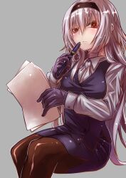 Rule 34 | 1girl, absurdres, blush, breasts, collared shirt, commission, cowboy shot, dress shirt, girls&#039; frontline, gloves, hair between eyes, hairband, highres, long hair, medium breasts, office lady, pantyhose, red eyes, scar, scar on neck, second-party source, shirt, sitting, skeb commission, solo, thunder (girls&#039; frontline), very long hair, vest, yuuki hiyayako
