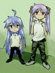 Rule 34 | 2girls, :3, ahoge, black pants, blue hair, blush, bow, camouflage, camouflage pants, collared dress, collared shirt, dress, expressionless, full body, gangster, green eyes, hair between eyes, hair bow, hair ornament, hair ribbon, height difference, hiiragi kagami, izumi konata, jitome, legs apart, long hair, looking at viewer, lucky star, meme, middle finger, multiple girls, pants, parody, purple eyes, purple hair, real life, real life insert, ribbon, shirt, shoes, sidelocks, smile, sneakers, standing, sunny waifu, twintails, very long hair, white shirt