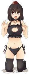 Rule 34 | 1girl, :o, alternate costume, bare shoulders, bell, black hair, black thighhighs, breasts, cat cutout, cat ear panties, cat lingerie, choker, claw pose, cleavage, cleavage cutout, clothing cutout, commentary request, fang, full body, gluteal fold, hat, kamukamu (ars), kneeling, lingerie, looking at viewer, medium breasts, meme attire, navel, neck bell, open mouth, panties, pointy ears, red eyes, shameimaru aya, short hair, side-tie panties, sleeveless, solo, thighhighs, tokin hat, touhou, underwear, underwear only, white background
