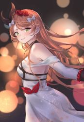 Rule 34 | 1girl, absurdres, alternate costume, ass, bare shoulders, blush, breasts, brown hair, clarisse (granblue fantasy), clarisse (soleil blanc) (granblue fantasy), detached sleeves, dress, explosive, flower, granblue fantasy, grenade, hair flower, hair ornament, hair ribbon, highres, long hair, looking at viewer, red flower, red rose, renzu (lens 02), ribbon, rose, small breasts, smile, solo, white dress, white sleeves