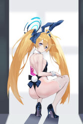 Rule 34 | 1girl, absurdres, animal ears, ass, back, back bow, black leotard, blonde hair, blue archive, blue eyes, blue footwear, bow, breasts, clear (djmax), closed mouth, cosplay, detached collar, djmax, djmax respect, earrings, fake animal ears, fake tail, from behind, full body, hair over one eye, halo, heart, high heels, highleg, highleg leotard, highres, jewelry, leotard, light, long hair, looking at viewer, patent heels, playboy bunny, pumps, rabbit ears, rabbit tail, shadow, shoes, simple background, small breasts, solo, stiletto heels, strapless, strapless leotard, tail, thighhighs, toki (blue archive), toki (blue archive) (cosplay), toki (bunny) (blue archive), toulalan, twintails, white thighhighs, wrist cuffs