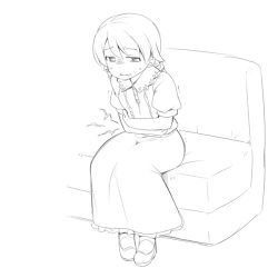 Rule 34 | 1girl, bad id, bad pixiv id, collared dress, couch, dress, greyscale, idolmaster, idolmaster cinderella girls, long hair, monochrome, morikubo nono, on couch, parted lips, puffy short sleeves, puffy sleeves, ringlets, shoes, short sleeves, simple background, sitting, solo, stomach ache, sweat, uccow, white background