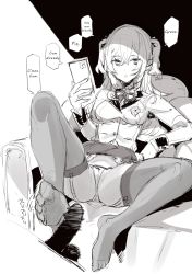 Rule 34 | 1girl, cellphone, feet, footjob, garter straps, hard-translated, long hair, looking at viewer, monochrome, panties, pantyshot, parted lips, phone, sketch, smartphone, soles, third-party edit, translated, twintails, underwear