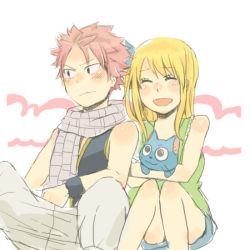 Rule 34 | 1boy, 1girl, :d, blush, cat, couple, erinan, closed eyes, fairy tail, happy (fairy tail), hetero, looking away, lucy heartfilia, natsu dragneel, open mouth, scarf, sitting, smile