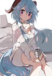 Rule 34 | 1girl, blue hair, breasts, can, closed mouth, collarbone, collared shirt, commentary request, dress shirt, feet out of frame, ganyu (genshin impact), genshin impact, hair between eyes, highres, holding, holding can, horns, knees together feet apart, long hair, long sleeves, looking at viewer, medium breasts, nail polish, naked shirt, pink nails, purple eyes, shadowsinking, shirt, simple background, sitting, slime (genshin impact), solo, very long hair, white background, white shirt