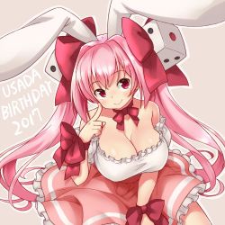 Rule 34 | 1girl, animal ears, bare shoulders, blush, bow, breasts, rabbit ears, cleavage, di gi charat, dice, dice hair ornament, dress, hair bow, hair ornament, hondarai, large breasts, long hair, pink eyes, pink hair, red eyes, ribbon, smile, solo, twintails, usada hikaru
