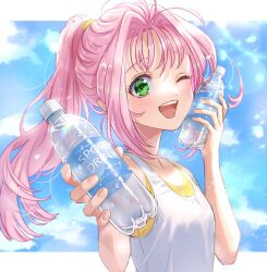 Rule 34 | 1girl, akira ituki, blush, bottle, bottle to cheek, camisole, cloud, flat chest, green eyes, hair behind ear, hair intakes, holding, holding bottle, looking at viewer, macross, macross 7, mylene jenius, open mouth, pink hair, pointy ears, ponytail, sky, smile, solo, tank top, water bottle, white tank top, yellow camisole