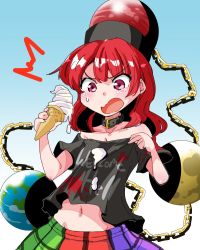 Rule 34 | 1girl, ^^^, bare shoulders, black shirt, blue background, chain, clothes writing, collar, collarbone, commentary request, earth (ornament), food, gold chain, gradient background, groin, hecatia lapislazuli, highres, ice cream, ice cream cone, ice cream cone spill, midriff, moon (ornament), multicolored clothes, multicolored skirt, navel, off-shoulder shirt, off shoulder, plaid, plaid skirt, purple eyes, red hair, shinapuu, shirt, skirt, soft serve, solo, sweat, t-shirt, touhou, upper body, wavy hair