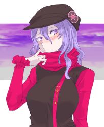 Rule 34 | 1girl, blush, breasts, casual, chamaruk, female focus, hat, highres, letty whiterock, light purple hair, purple eyes, scarf, short hair, sky, solo, touhou, upper body, white background