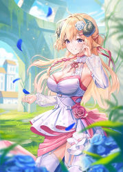 Rule 34 | 1girl, alternate costume, animal ears, armpits, blonde hair, blue flower, blue rose, blue sky, blurry, blurry foreground, blush, braid, breasts, building, cleavage, cloud, cloudy sky, commentary, cowboy shot, day, detached collar, detached sleeves, dress, flower, french braid, frilled dress, frills, garter straps, hair between eyes, hair flower, hair ornament, hair ribbon, hairclip, happy tears, hololive, horns, large breasts, long hair, looking at viewer, multicolored hair, neck ribbon, outdoors, pink dress, pink flower, pink hair, pink ribbon, pink rose, plant, purple eyes, ribbon, rose, see-through, see-through sleeves, sheep ears, sheep girl, sheep horns, side braid, sky, smile, streaked hair, tears, teeth, tf18080512, thighhighs, tsunomaki watame, two-tone dress, two-tone hair, vines, virtual youtuber, wedding dress, white background, white dress, white flower, white rose, white thighhighs, wind, wiping tears